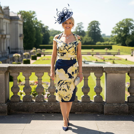 lemon and navy satin mother of the bride dress. signature dress