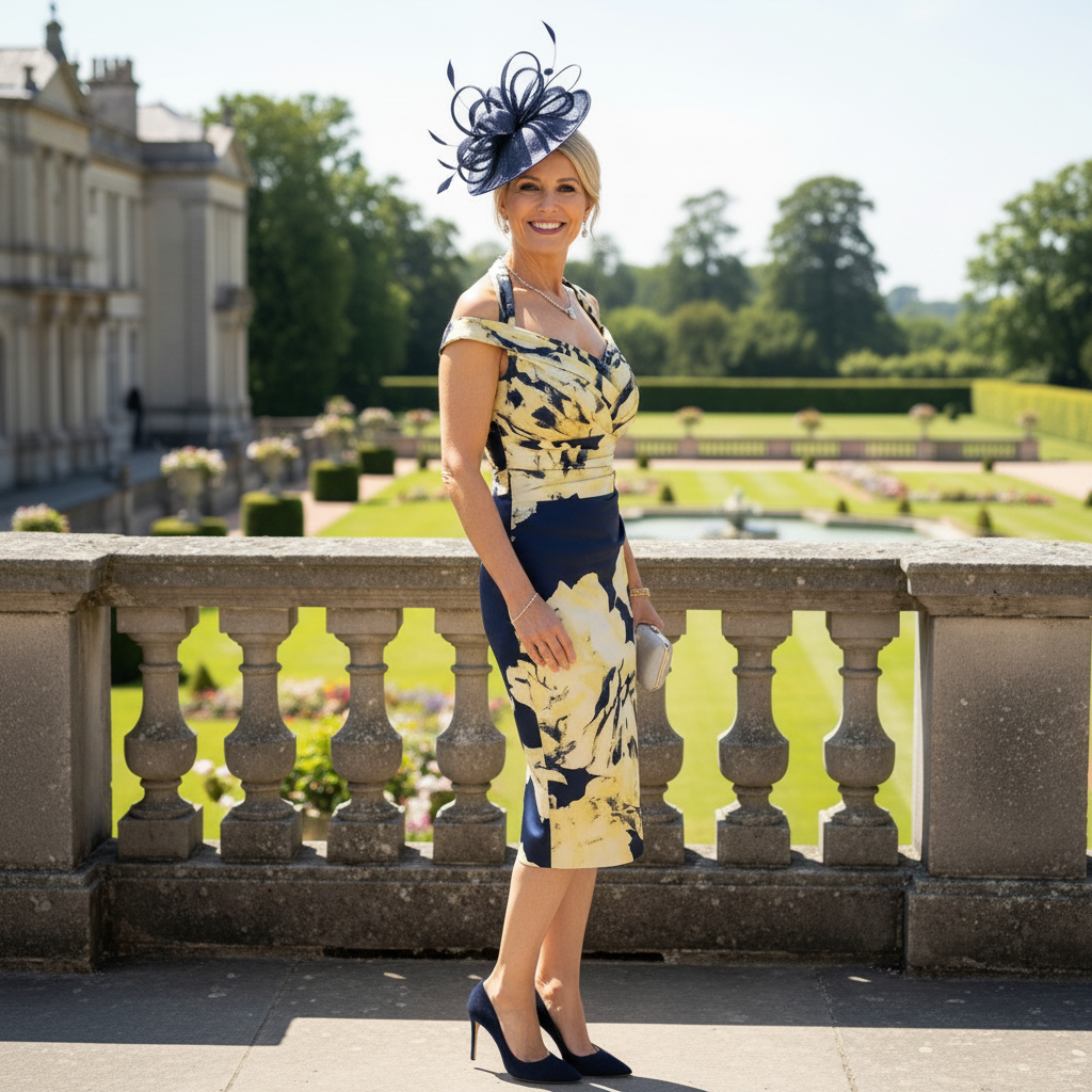 lemon and navy satin mother of the bride dress. signature dress