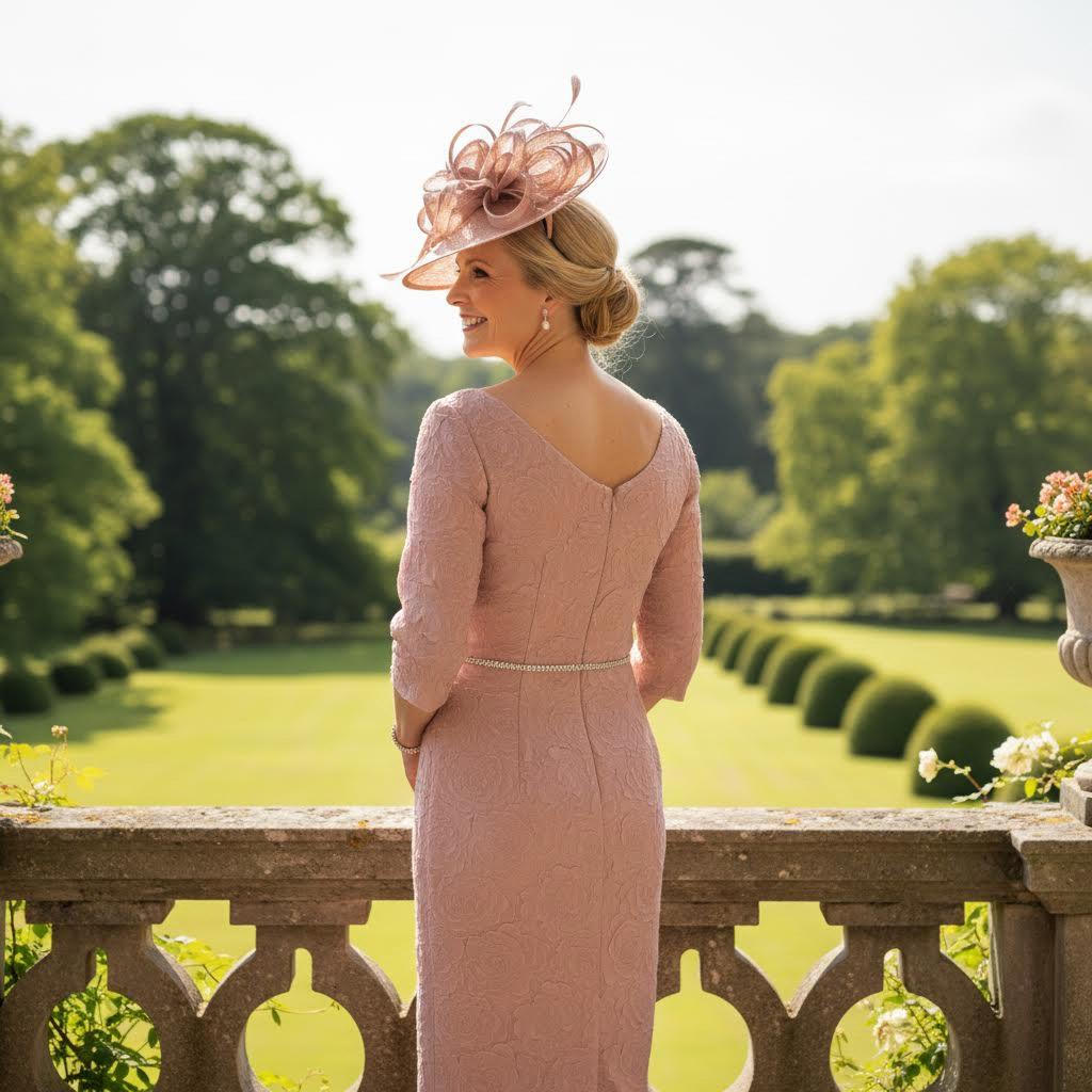 Woman in a veromia blush pink mother of the bride dress and pink fascinator hat standing on a stone balcony ready for a wedding. Signature Dress.