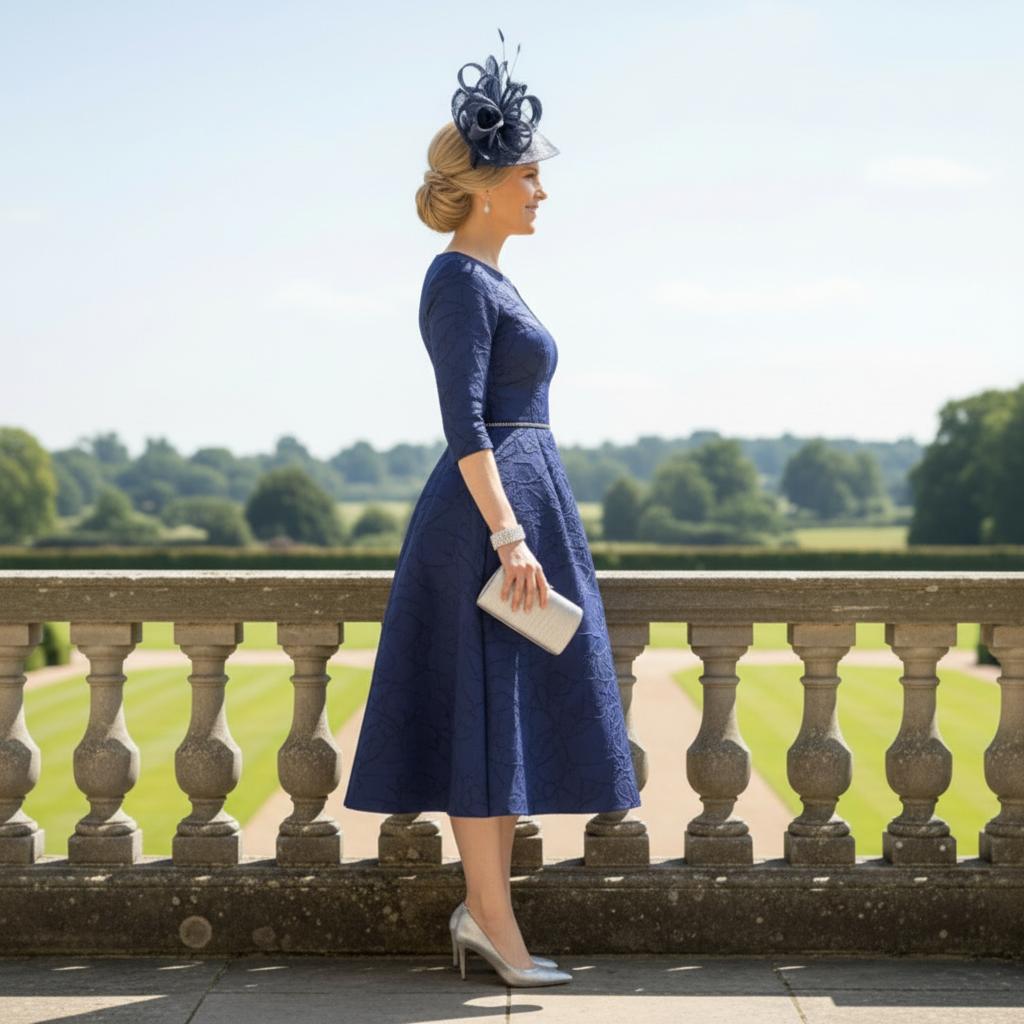 woman wearing a navy mother of the bride dress 3/ sleeve and embellished rhinestones along the waist, she is wearing as mother of the bride. Signature dress