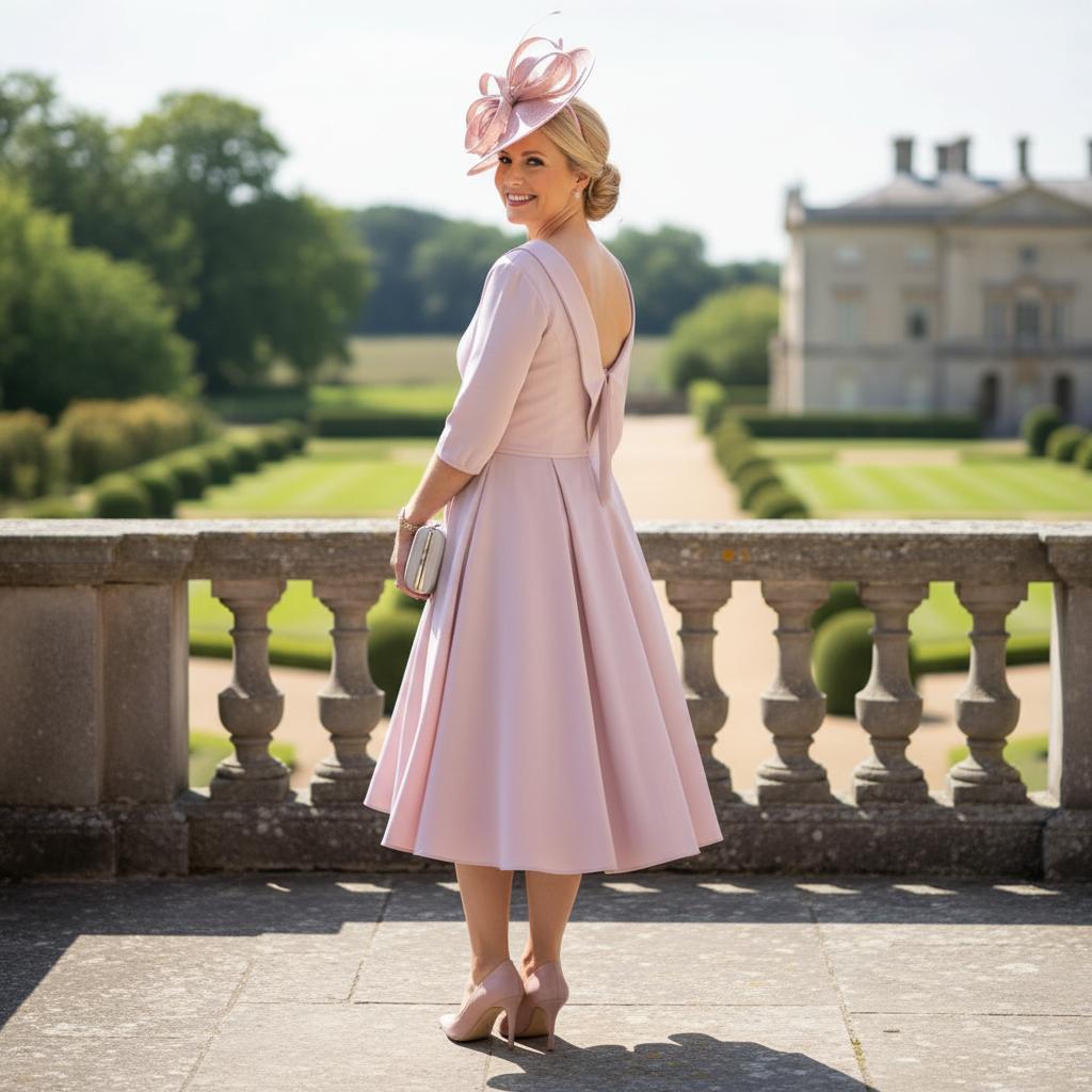 Woman in a Veromia light pink mother of the bride dress and hat standing on a balcony, the dress is midi length with 3/4 sleeves.