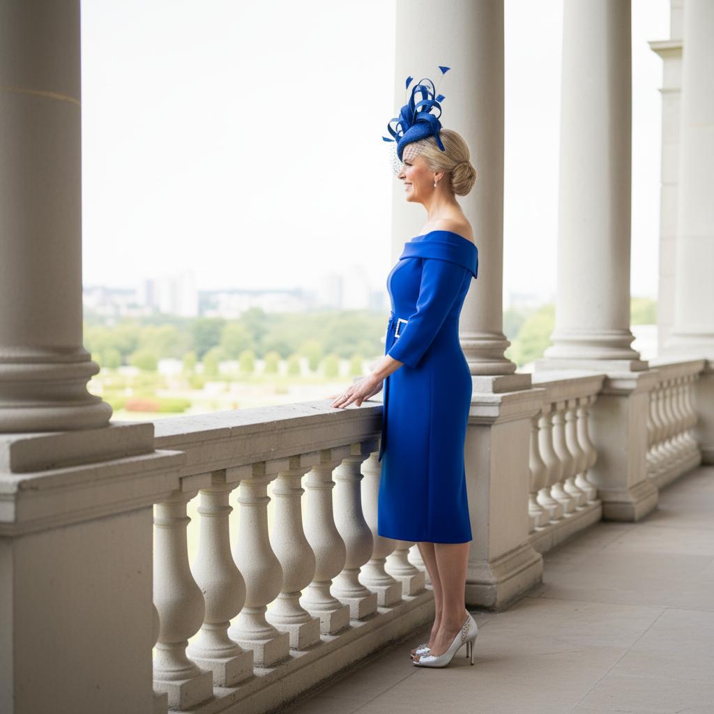 mother of the bride wearing a cobalt blue bardot style dress with 3/4 sleeves from veromia. Signature Dress