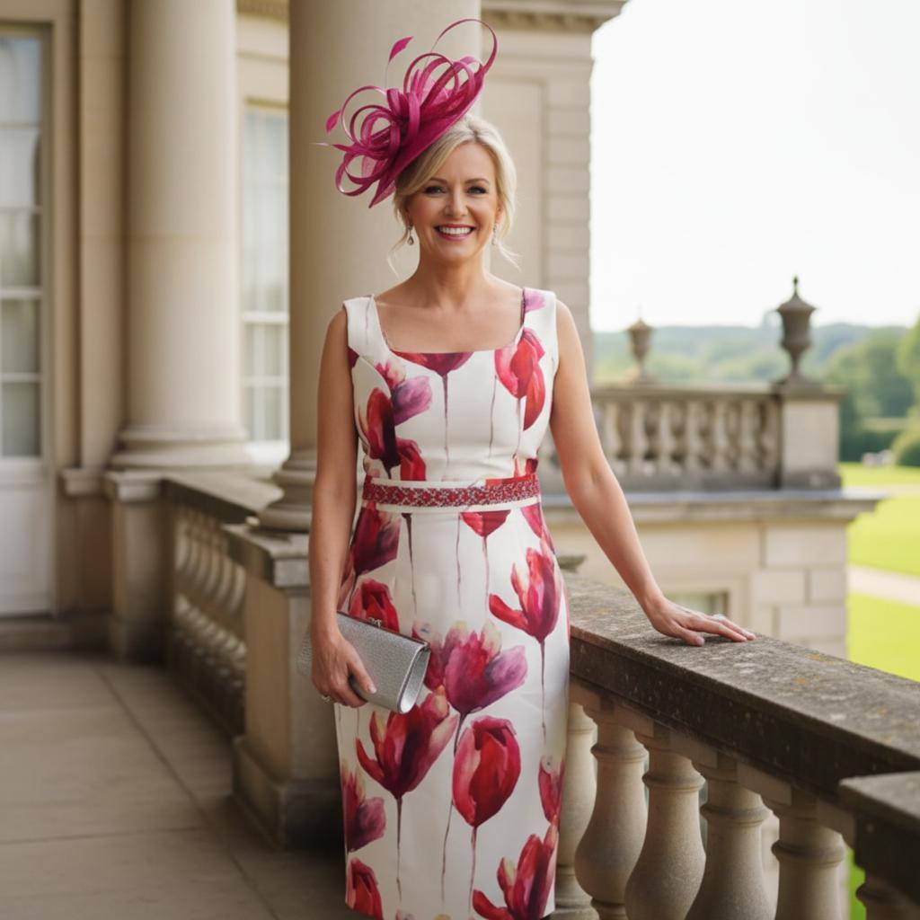 Woman in a floral Zeila Special occasion dress with a large pink hat standing on a balcony. Signature Dress.
