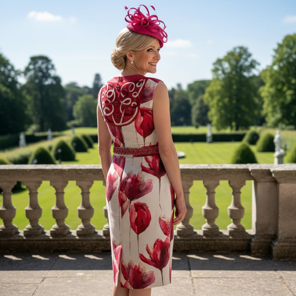 Woman in a floral Zeila Special occasion dress with a large pink hat standing on a balcony. Signature Dress.