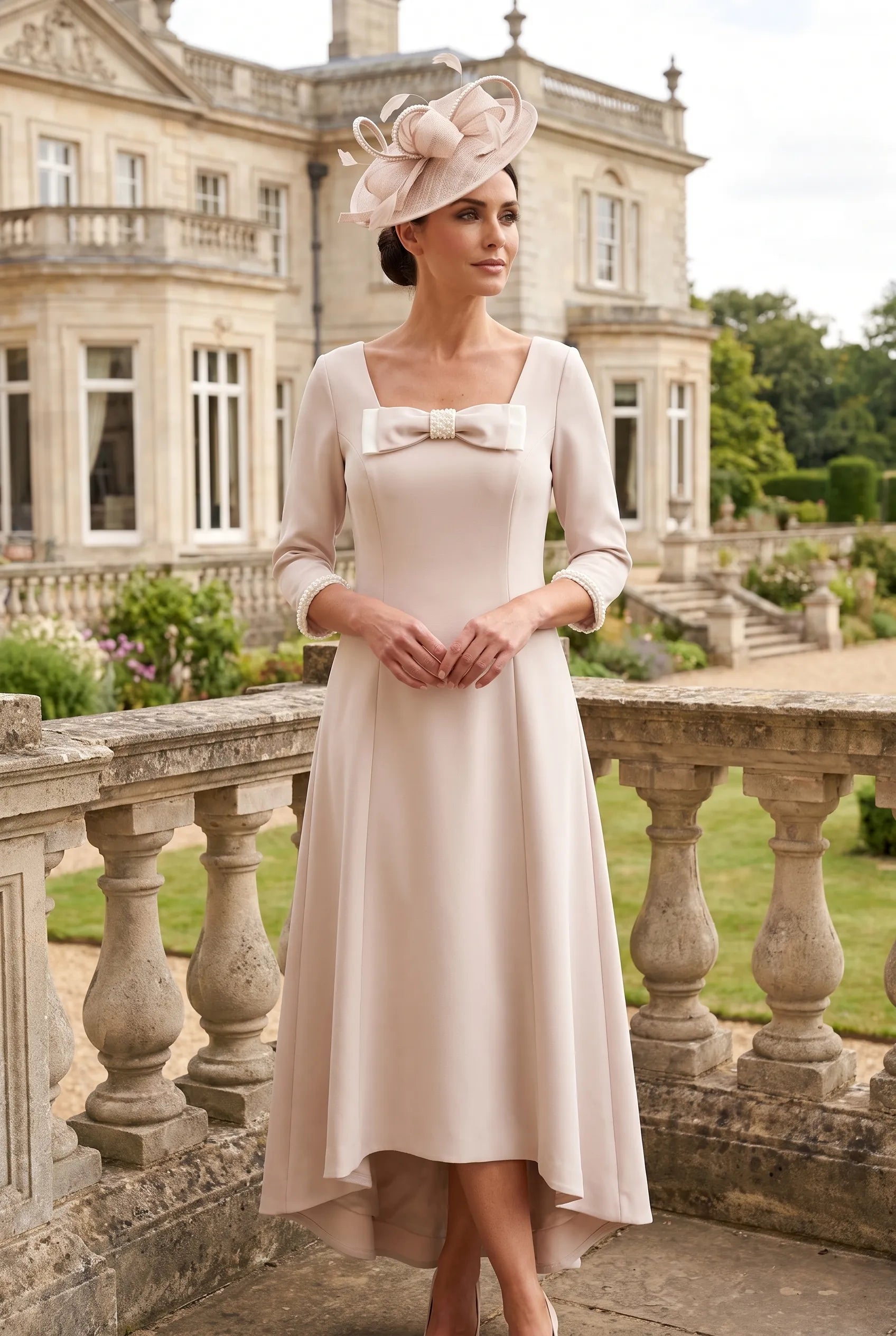 Beige Mother of the Bride dress by Lizabella 2814 with pearl bow neckline and dipped hem