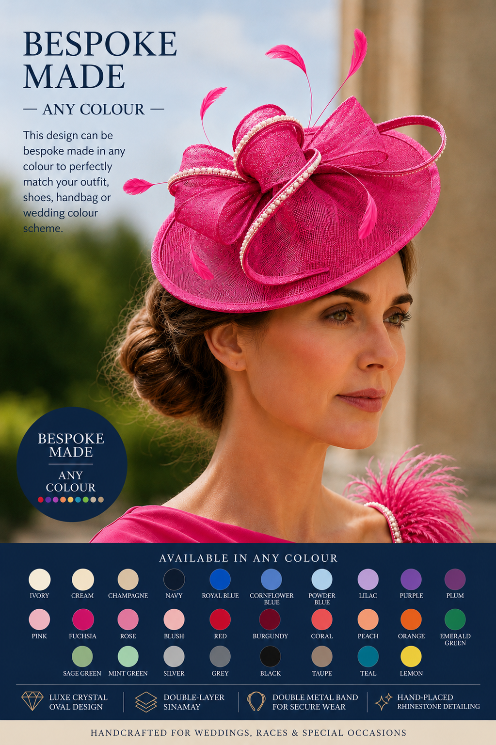 Woman wearing a pink bespoke hat with decorative elements, set against a blurred outdoor background.