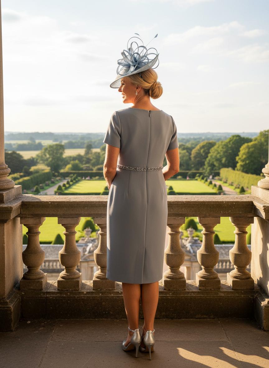 Woman in a couture club light blue grey mother of the bride dress with matching jacket and blue fascinator standing on a balcony overlooking a scenic landscape.