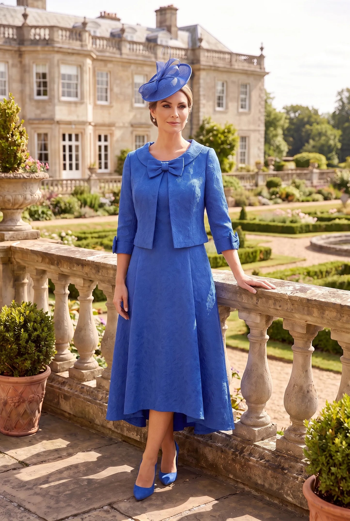 Blue Mother of the Bride Outfit by Rosa Clará Couture Club 3G2B0 featuring a coordinating jacket and elegant high-low hem.