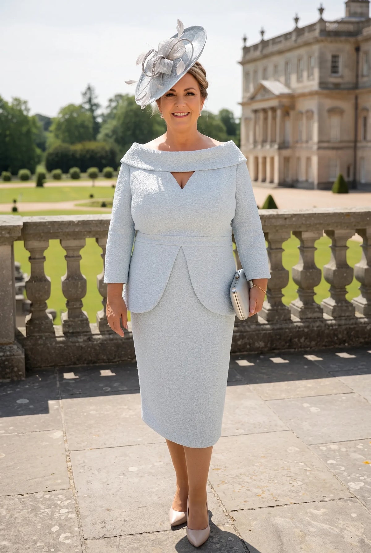 A woman stands outdoors on a stone terrace in front of a large historic building and manicured gardens, wearing a light icy blue tailored dress with a wide collar, structured sleeves, and a matching fascinator hat. She holds a small matching handbag.