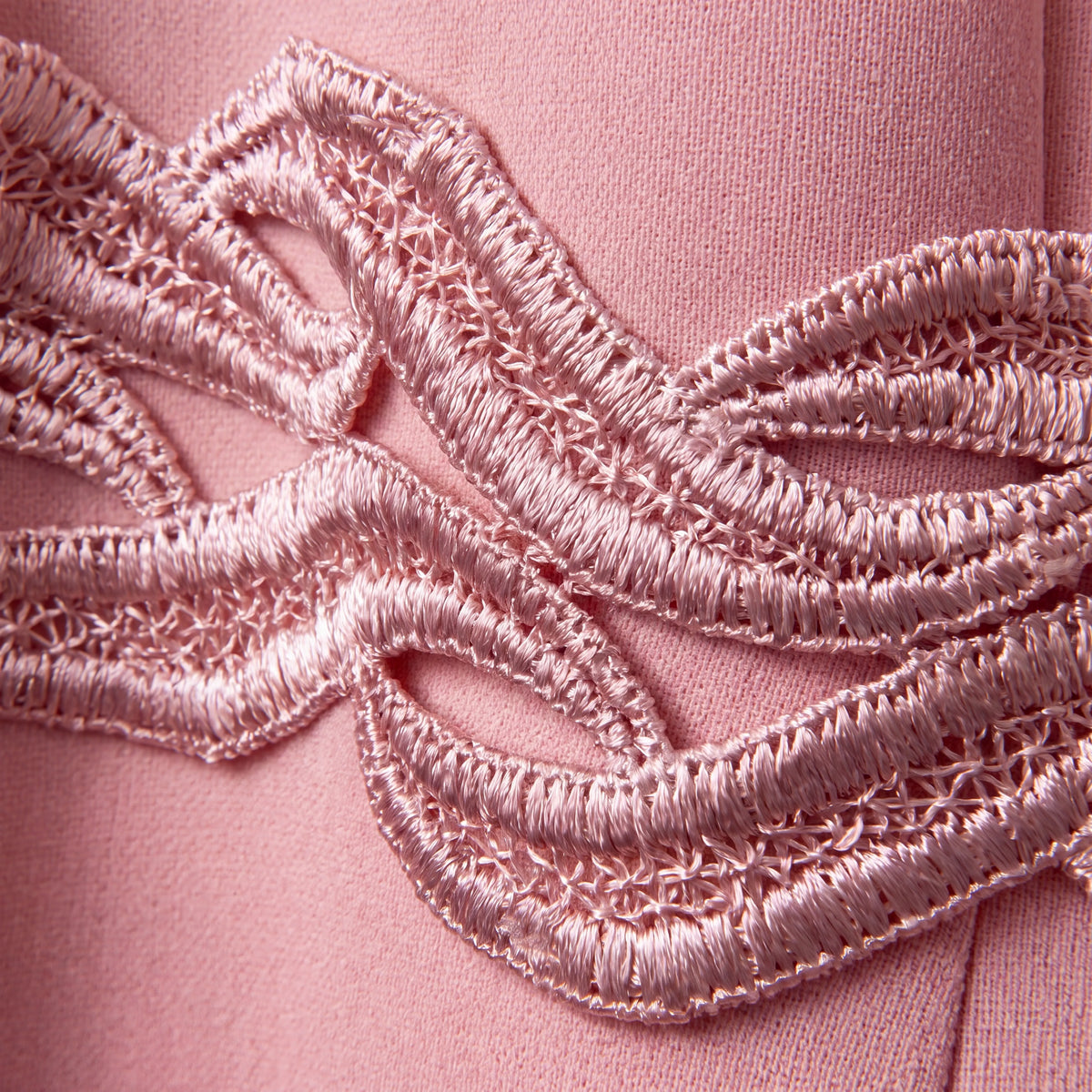 Close-up of the blush pink Lizabella 2041 Mother of the Bride dress showing its intricate embroidered fabric detailing.
