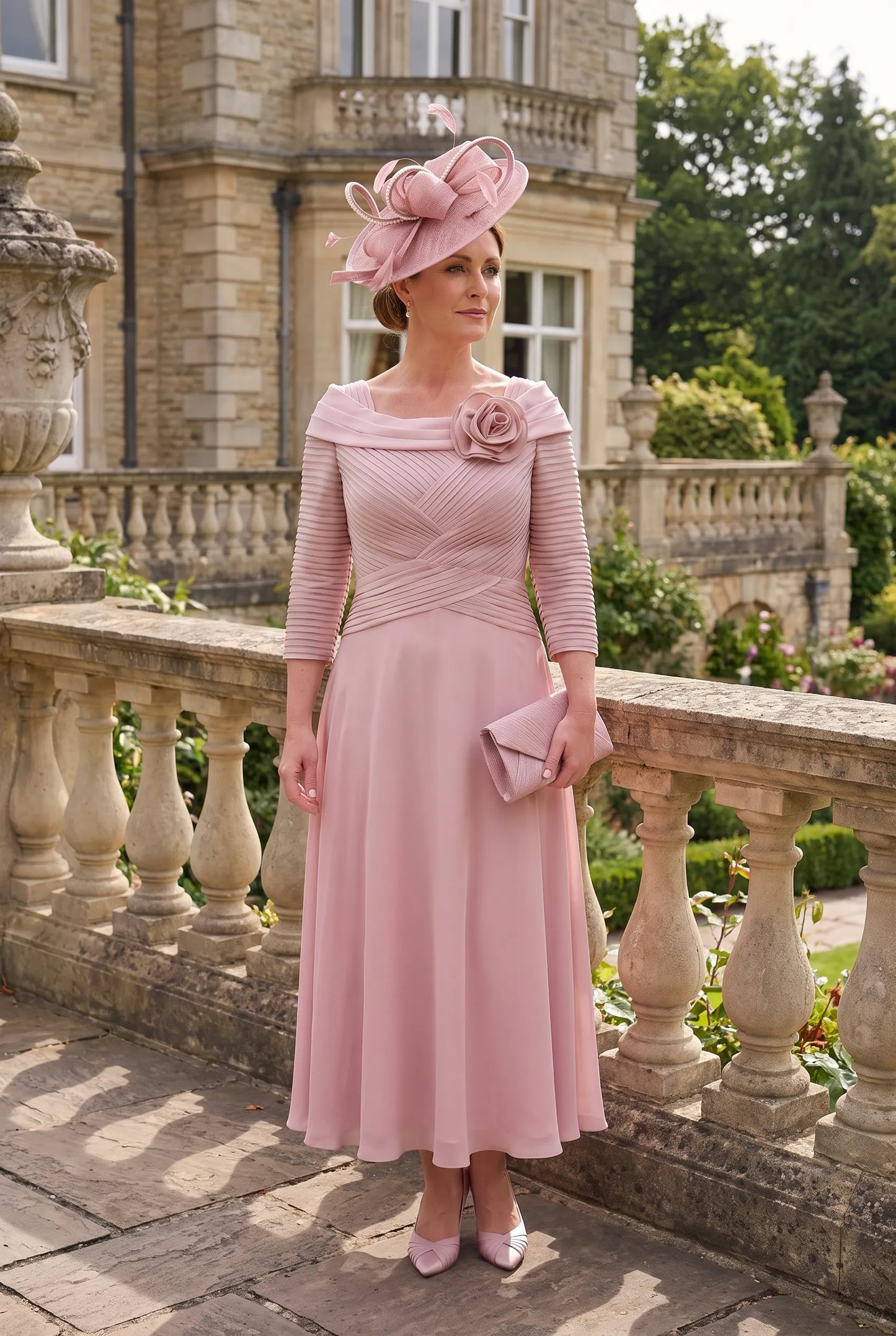 Blush Pink Mother of the Bride Dress by Couture Club 5G114 featuring a ruched bodice, floral neckline and flowing chiffon skirt.