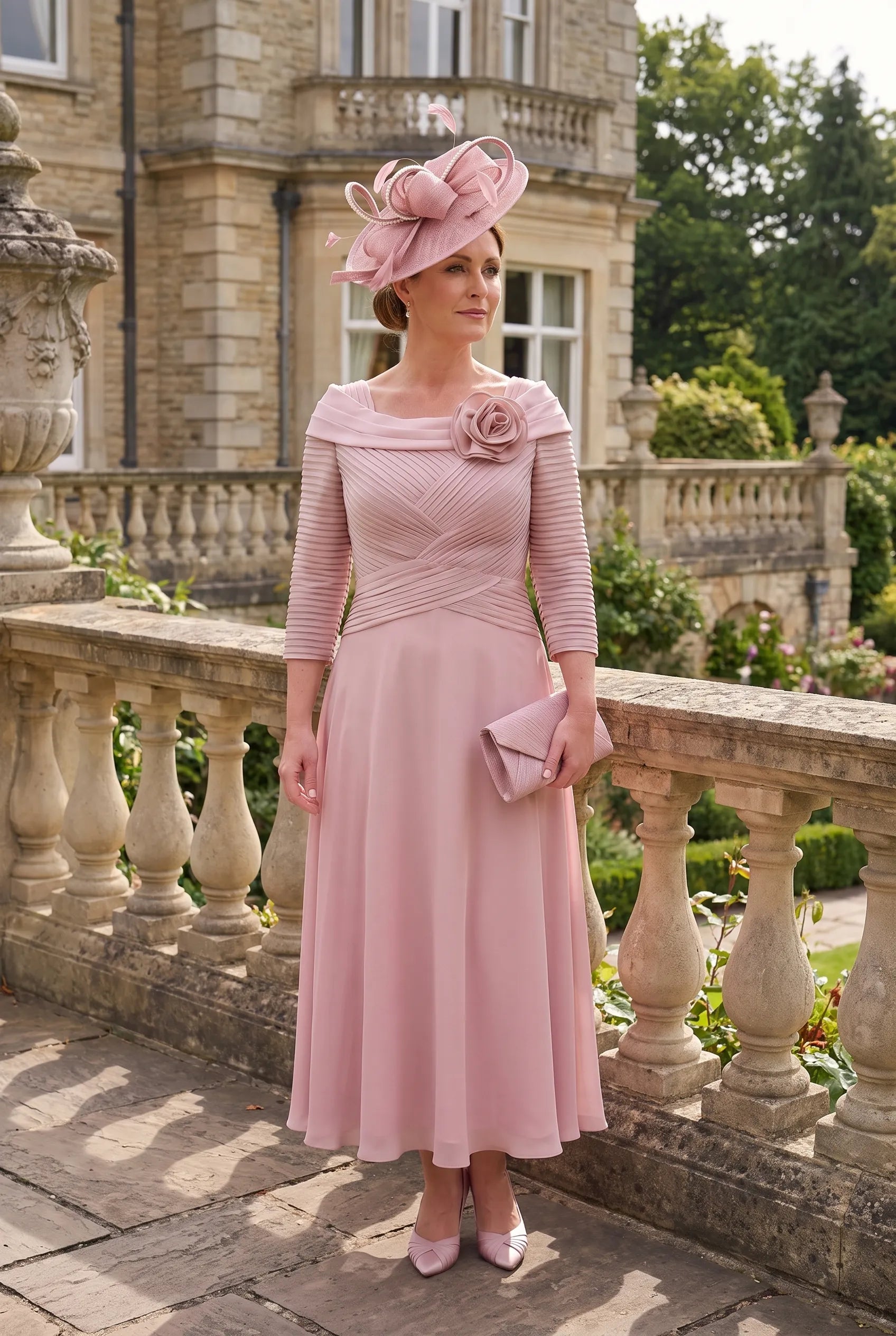 Blush Pink Mother of the Bride Dress by Couture Club 5G114 featuring a ruched bodice, floral neckline and flowing chiffon skirt.
