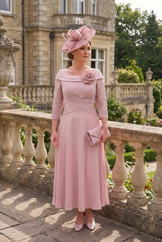 Blush Pink Mother of the Bride Dress by Couture Club 5G114 featuring a ruched bodice, floral neckline and flowing chiffon skirt.
