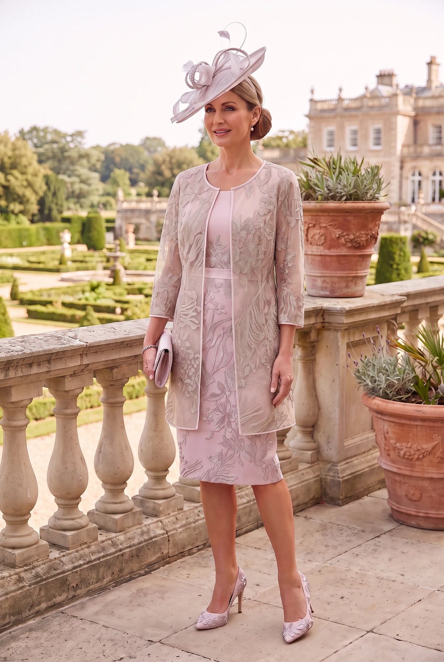 Blush Pink Mother of the Bride Dress & Jacket by Rosa Clará Couture Club 4G291 showing the coordinating longline jacket.