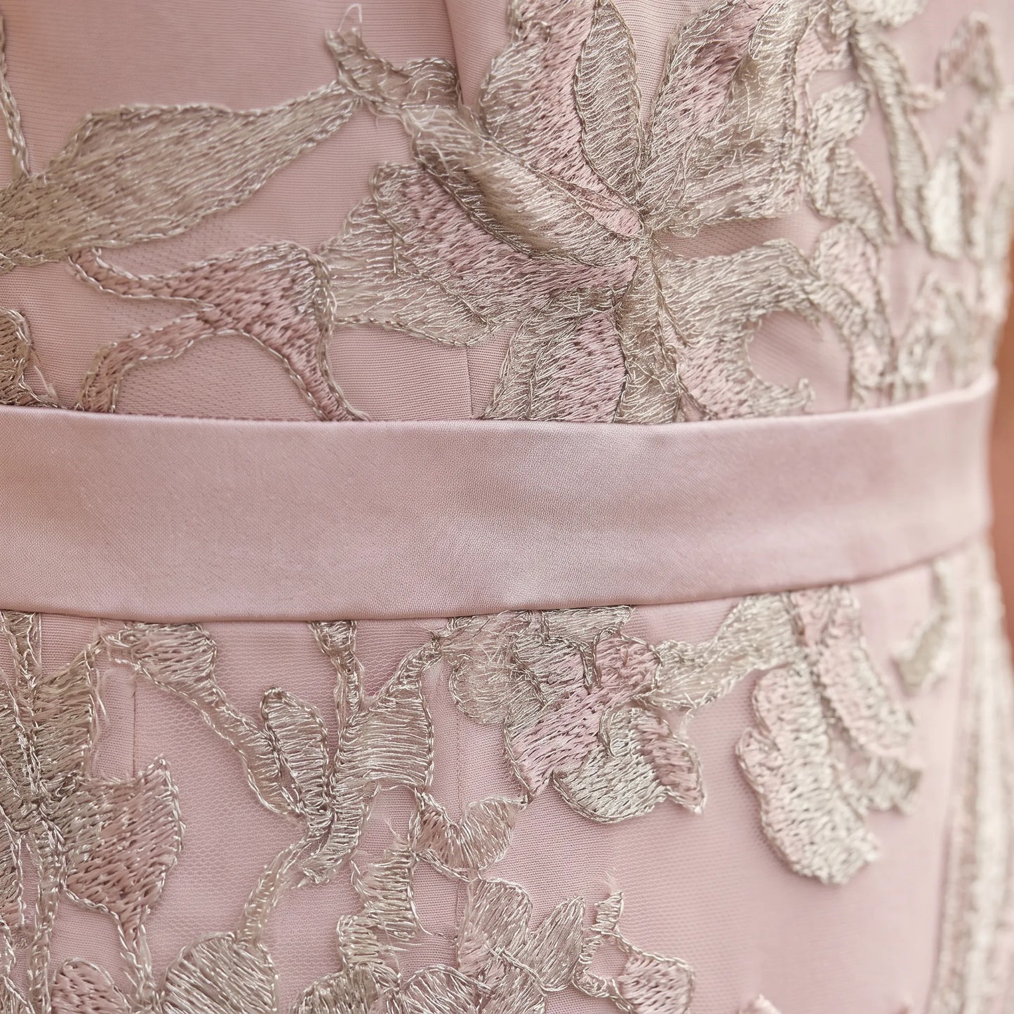 Close-up of the embroidered waist detail on the Rosa Clará Couture Club 4G291 blush pink Mother of the Bride dress.