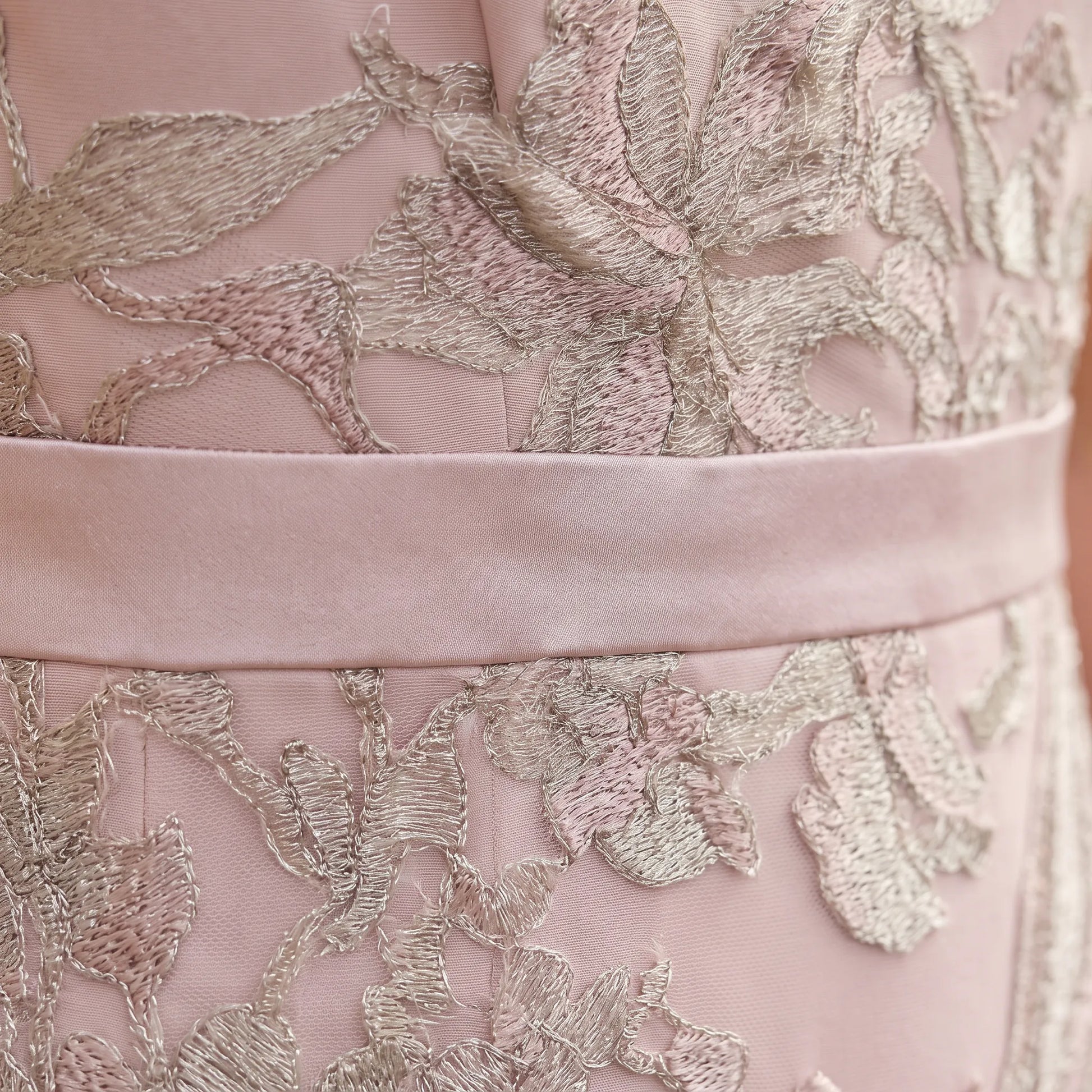 Close-up of the embroidered waist detail on the Rosa Clará Couture Club 4G291 blush pink Mother of the Bride dress.