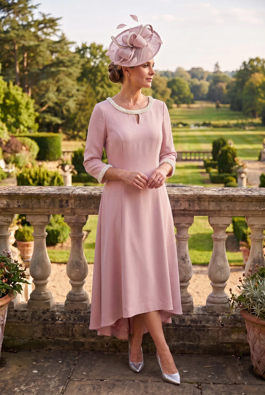 Blush pink Mother of the Bride dress by Lizabella 2583 with pearl trim neckline and dipped hem