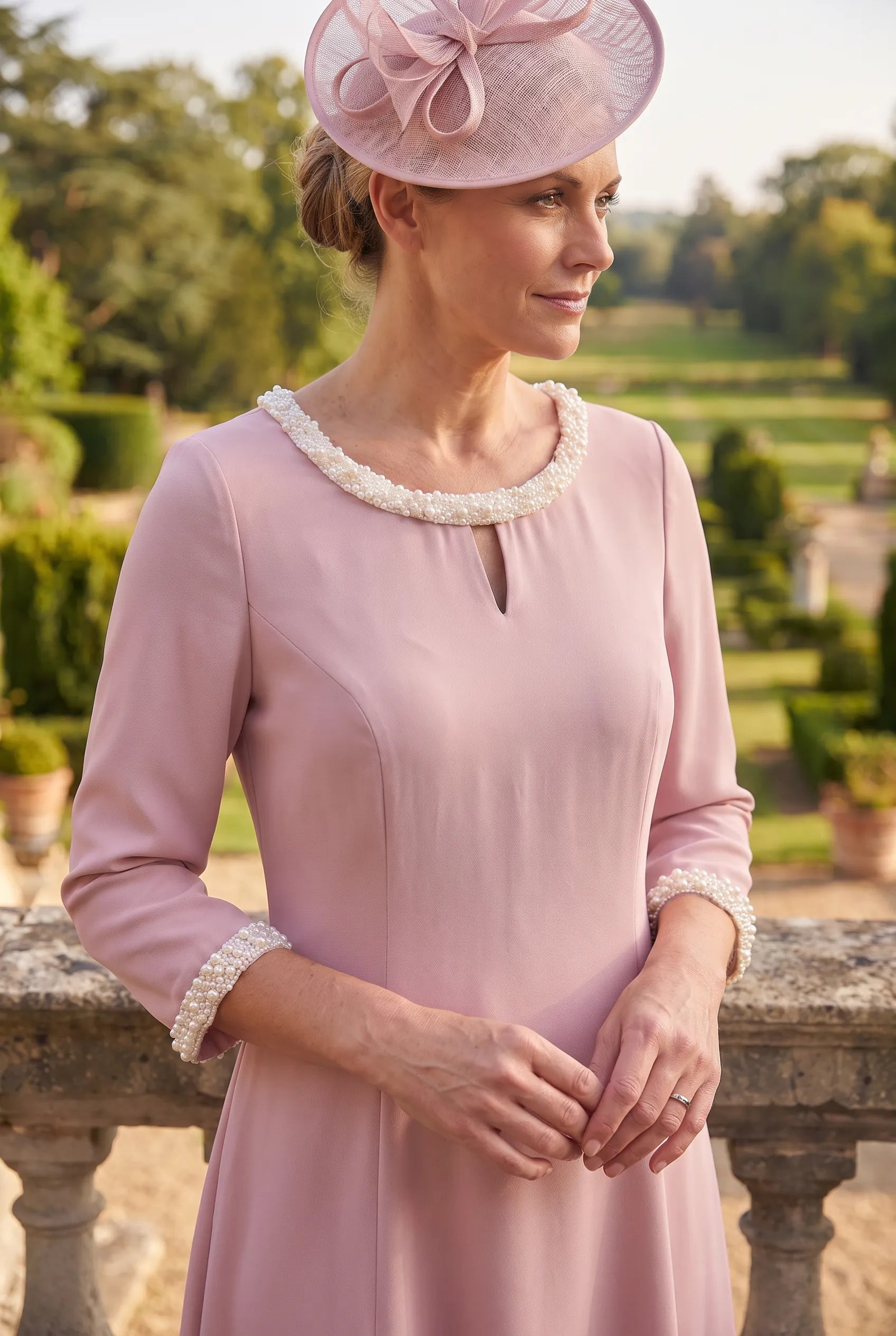 Close-up of the pearl trimmed neckline and keyhole detail on the blush pink Lizabella 2583 dress