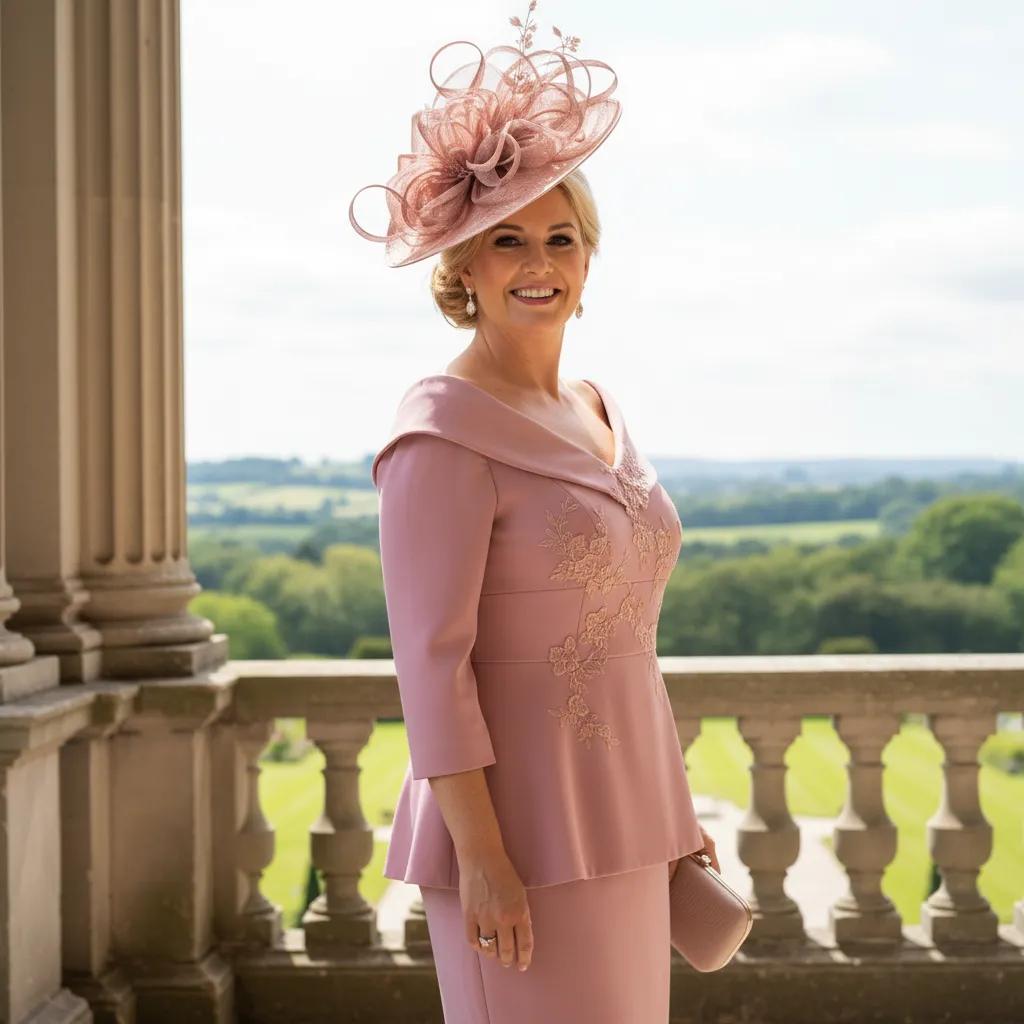 Woman in a curvy pink mother of the bride dress by Veromia standing on a balcony with a scenic view.