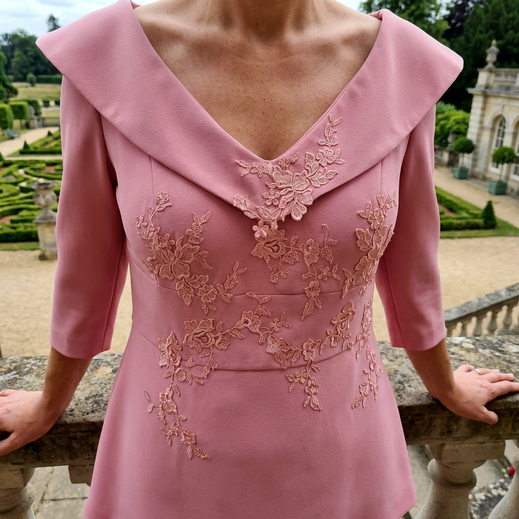 Person wearing a curvy pink mother of the bride dress by Veromia floral embroidery in an outdoor setting