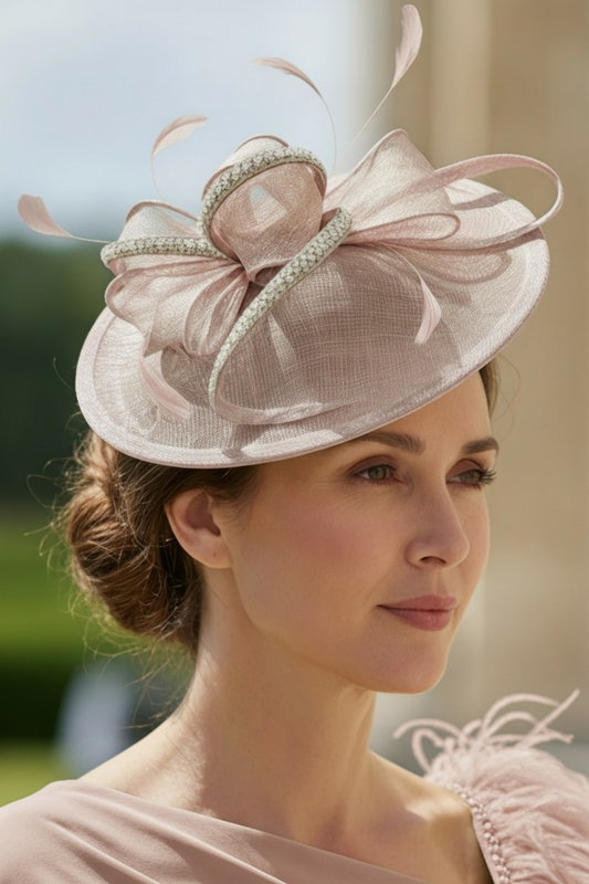 Woman wearing a pink taupe embellished fascinator hat with a blurred outdoor background