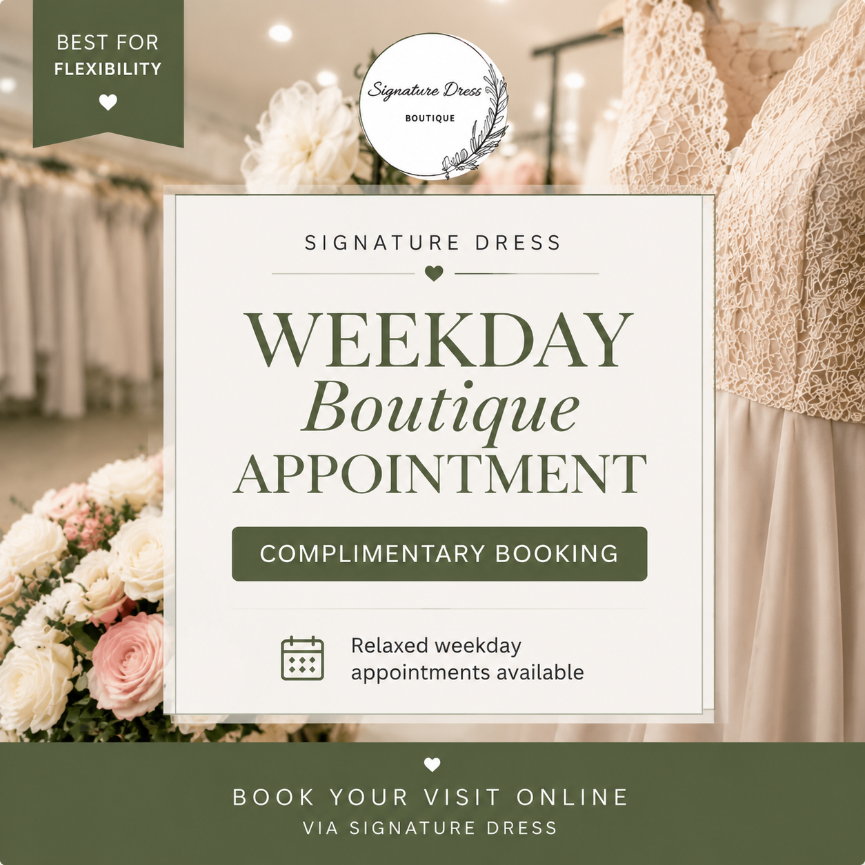 Signature Dress Mother of the Bride weekday appointment in Barnsley boutique offering complimentary dress fitting consultations for occasion wear outfits.