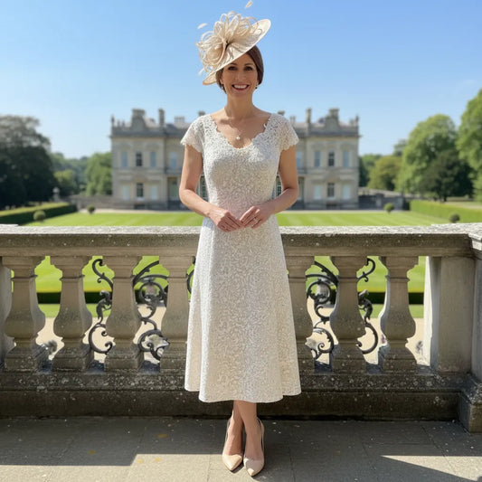Woman in a gold mother of the bride dress with a decorative gold fascinator hat standing in front of a classical building.