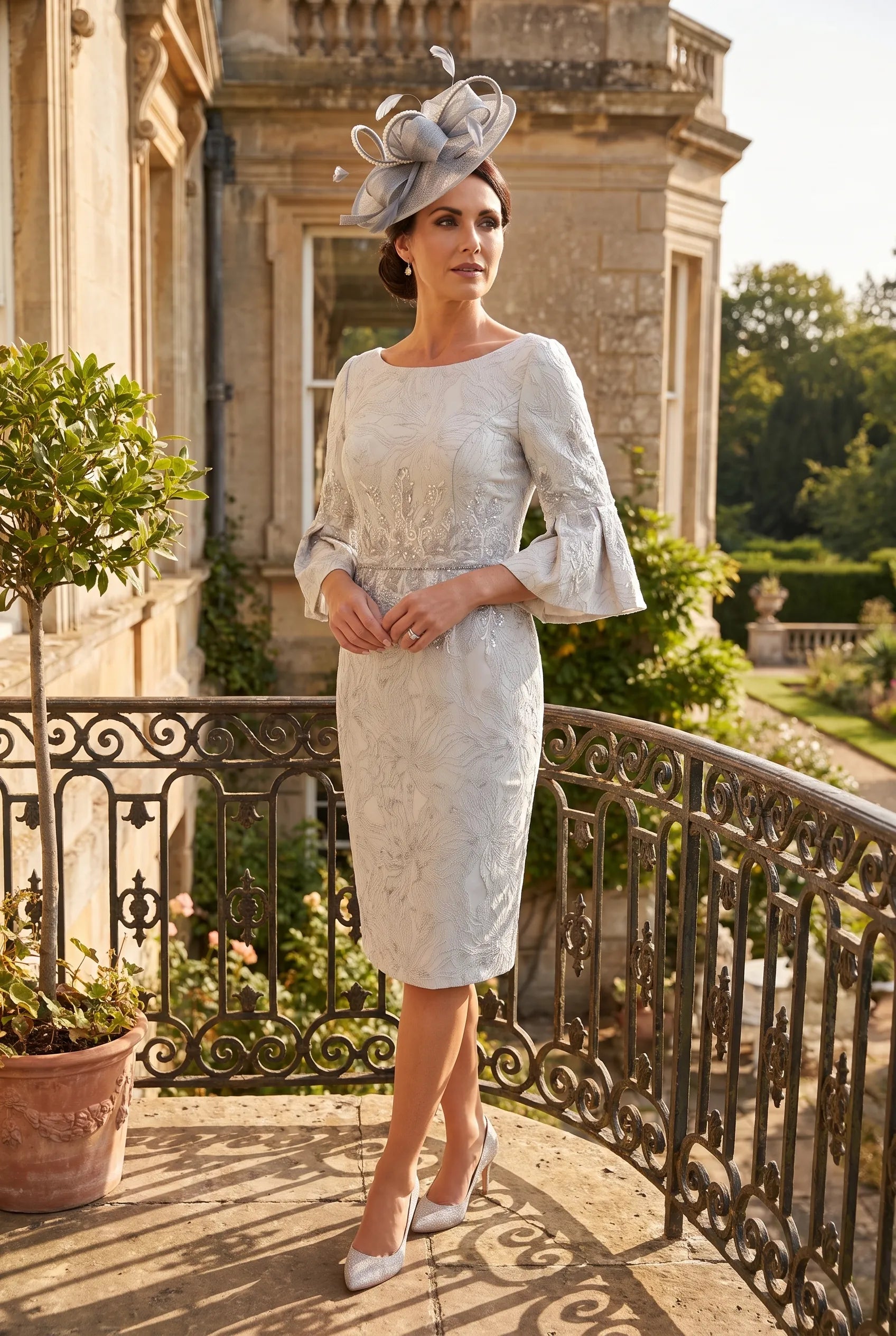 Champagne Mother of the Bride dress by John Charles 26713 with embroidered floral detailing and wide bateau neckline
