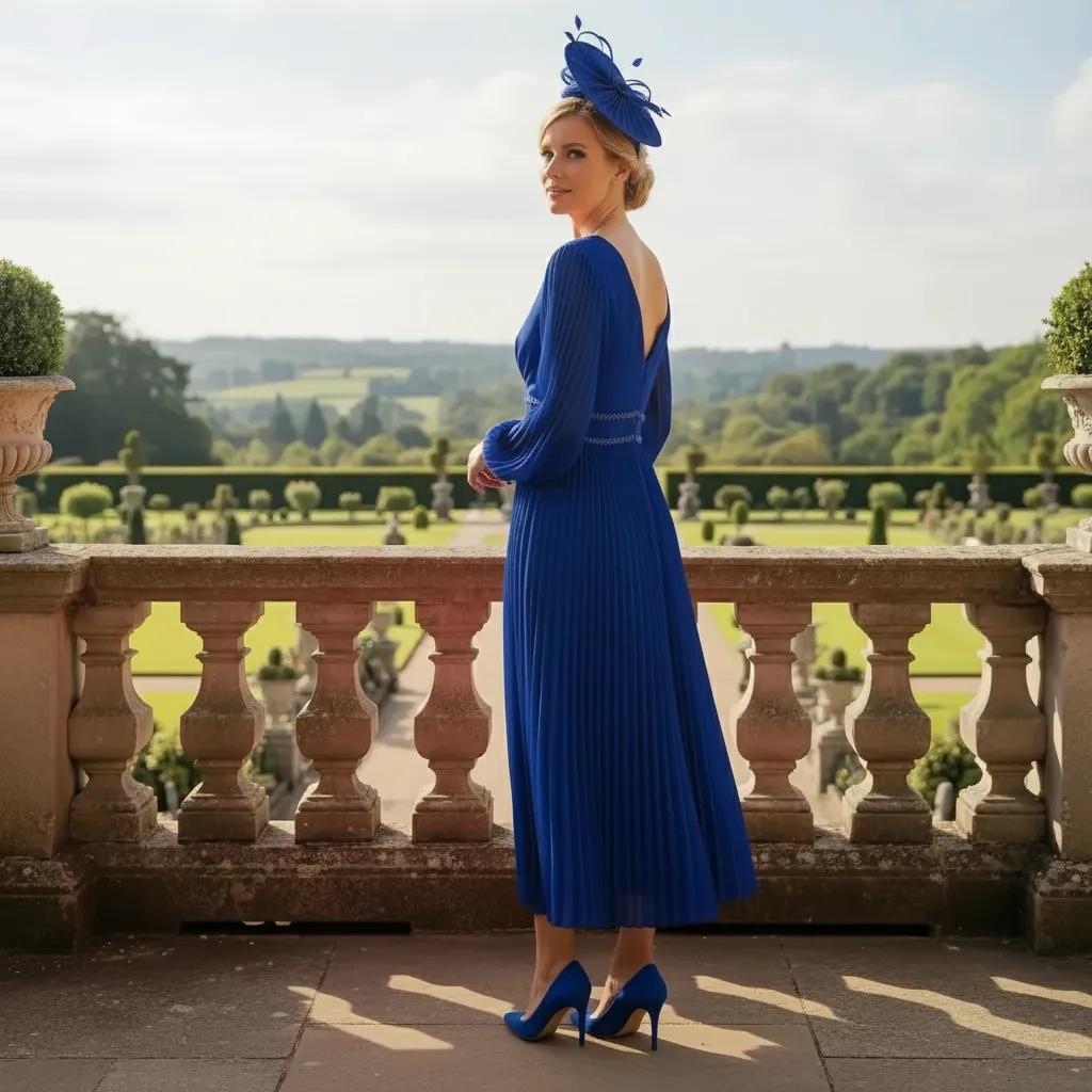 Woman in a john charles cobalt blue long pleated mother of the bride dress and matching fascinator standing on a balcony with a scenic background