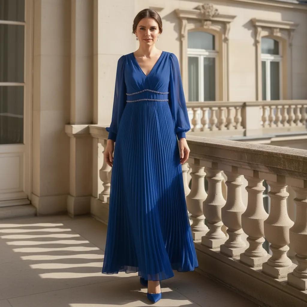 Woman in a john charles cobalt blue long pleated mother of the bride dress and matching fascinator  standing on a balcony with classical architecture.