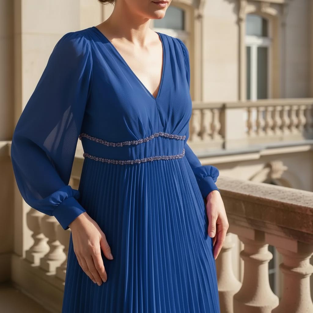 Woman wearing a john charles cobalt blue long pleated mother of the bride dress with a decorative embellished waistband on a balcony.