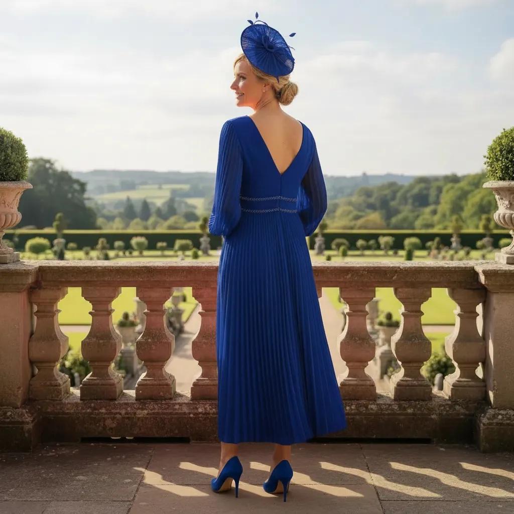 Woman in ajohn charles cobalt blue long pleated mother of the bride dress and matching fascinator standing on a balcony with a scenic view.