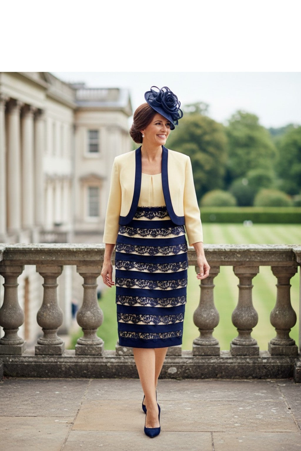 Lemon Condici 70852 Mother of the Bride dress and jacket with navy trim and lace banded skirt.