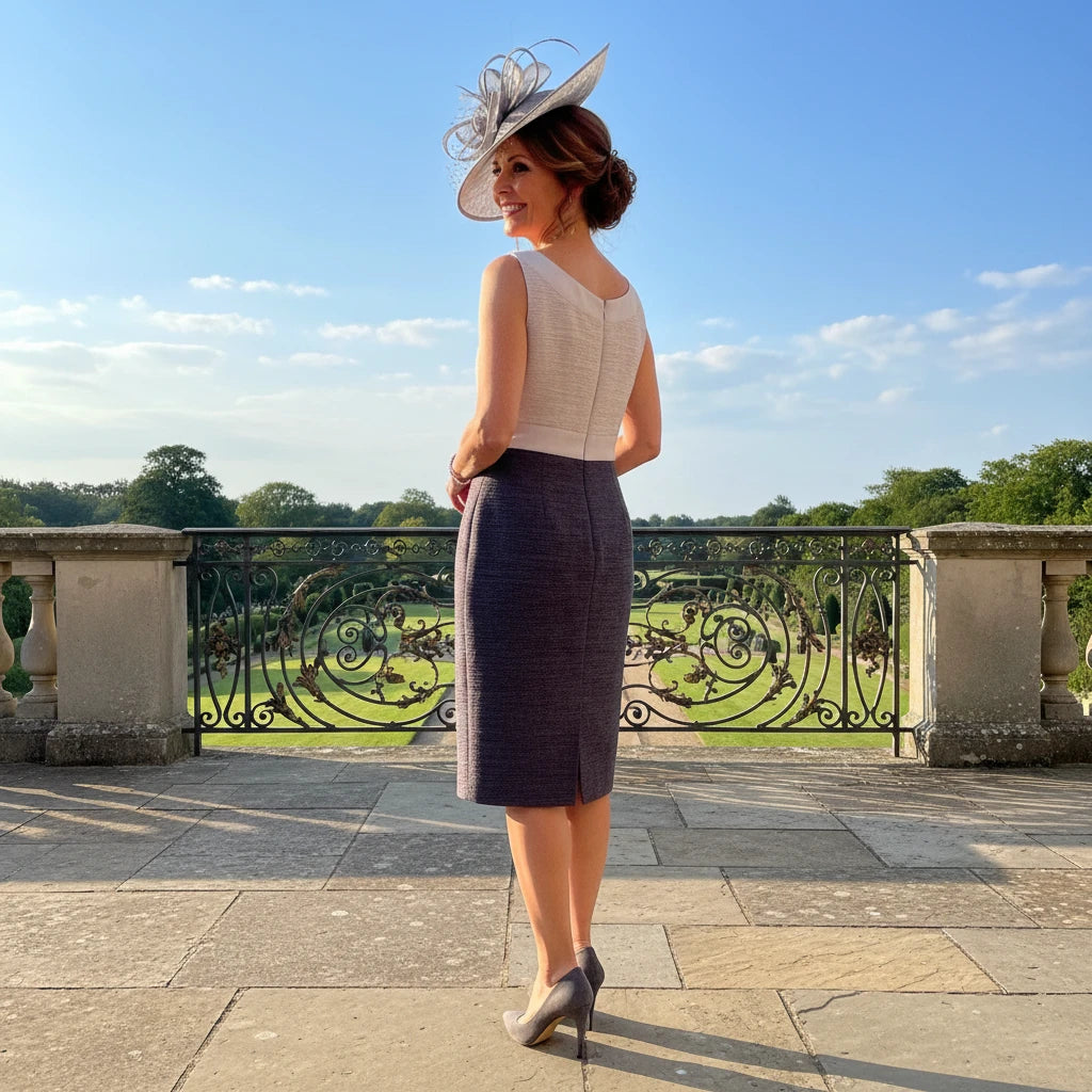 Woman in formal grey mother of the bride dress and jacket with mauve fascinator standing on a stone patio with a scenic background