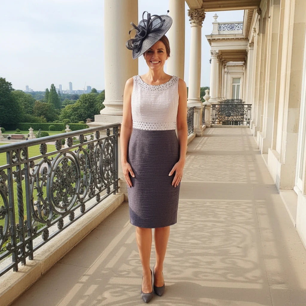 Woman in arey mother of the bride dress and jacket with grey fascinator standing on a balcony with a scenic background