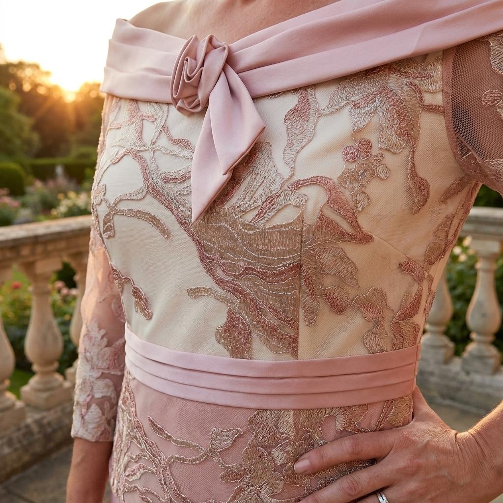 Close-up of a person wearing a pink and gold embroidered couture club mother of the bride dress with a blurred garden background.