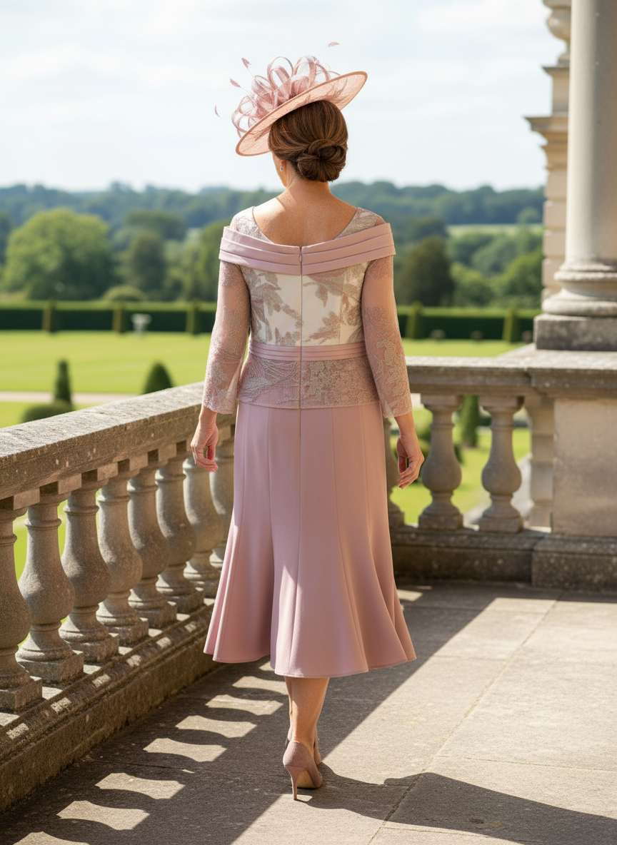 Woman in a couture club pink mother of the bride dress with a embellished pink fascinator with a floral patterned top and plain skirt, standing on a balcony with a garden view.