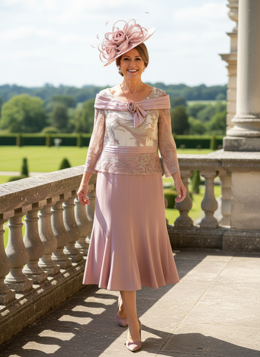 Woman in a couture club pink mother of the bride dress with a embellished pink fascinator hat standing on a balcony with a scenic background