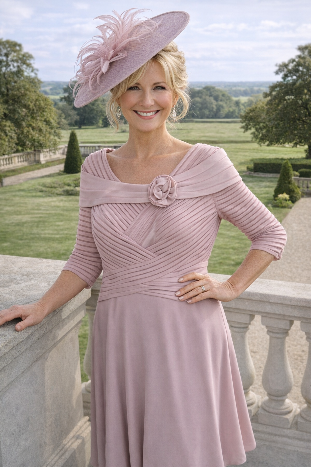 Close-up of the Couture Club 5G114 blush pink mother of the bride dress showing the floral neckline embellishment and pleated bodice.