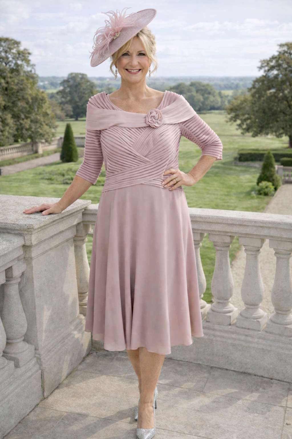 Couture Club 5G114 blush pink mother of the bride dress with chiffon skirt and 3/4 sleeves.
