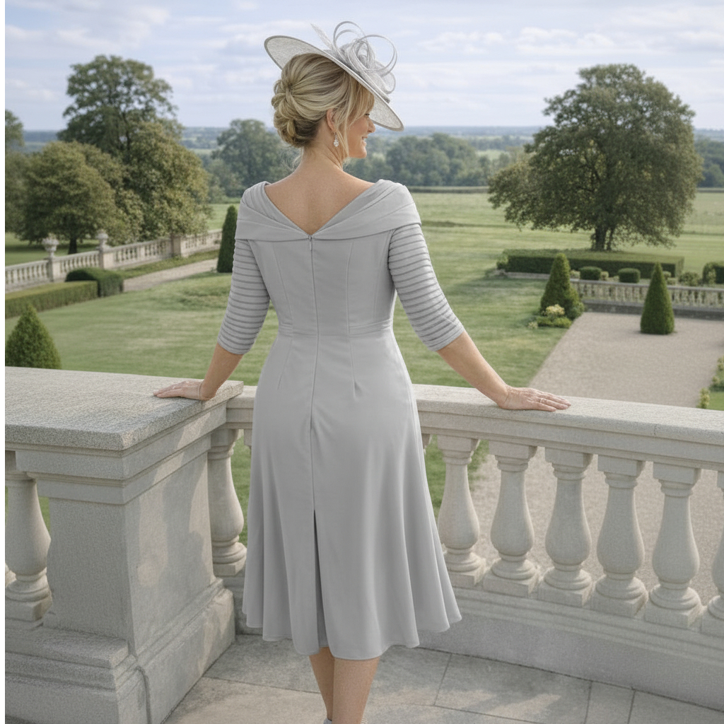 Back view of a woman in a couture club grey mother of the bride dress with a matching grey fascinator standing on a balcony.