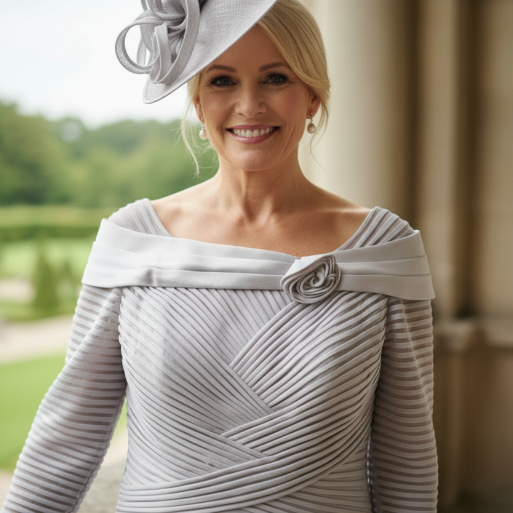 Woman in a couture club grey mother of the bride a line dress with a matching grey fascinator standing on a balcony.