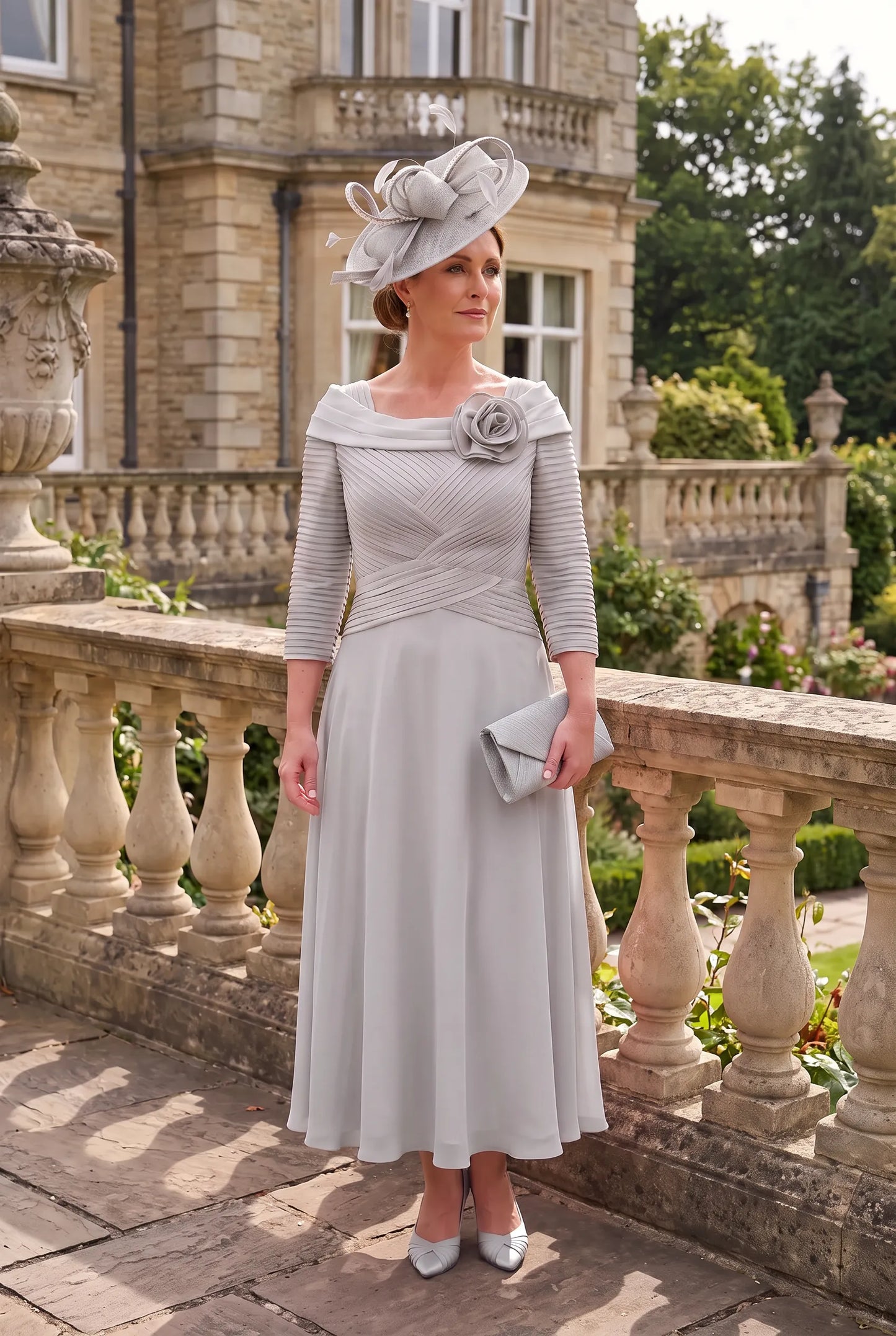 Silver Mother of the Bride Dress by Couture Club 5G114 featuring a ruched bodice, floral neckline and flowing chiffon skirt.