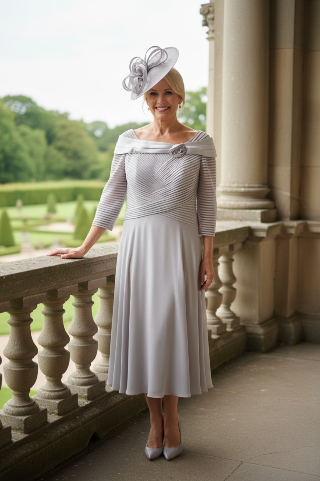 Woman in a couture club grey mother of the bride dress with a matching grey fascinator standing on a balcony.