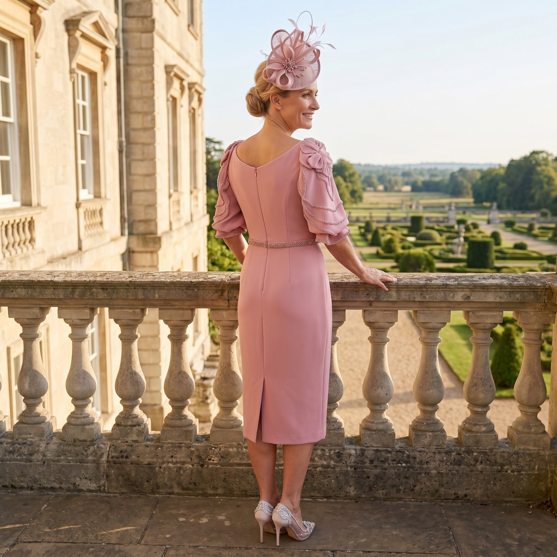 Back view of dusty pink Mother of the Bride dress by Couture Club 8G149 showing fitted pencil silhouette