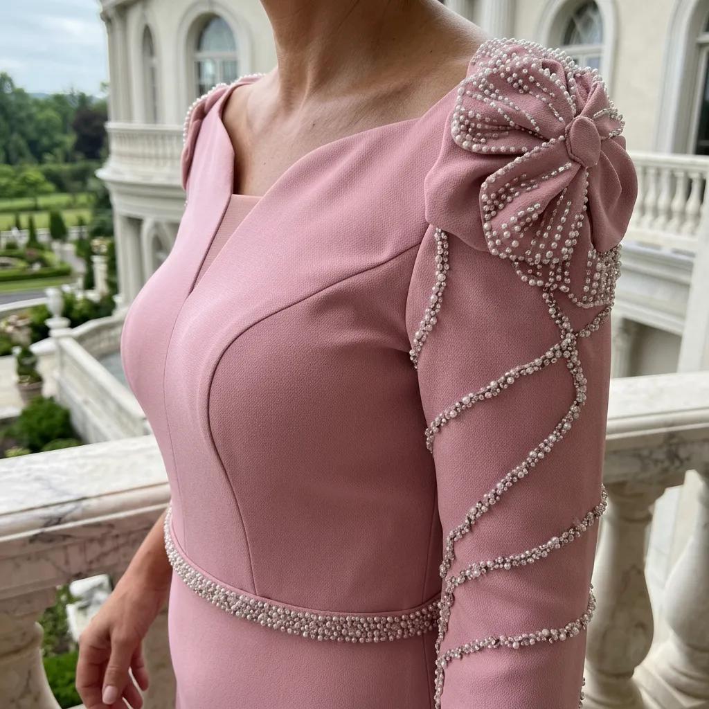 Close-up of the crystal embellished sleeve detail on the dusty pink Couture Club 8G149 Mother of the Bride dress.