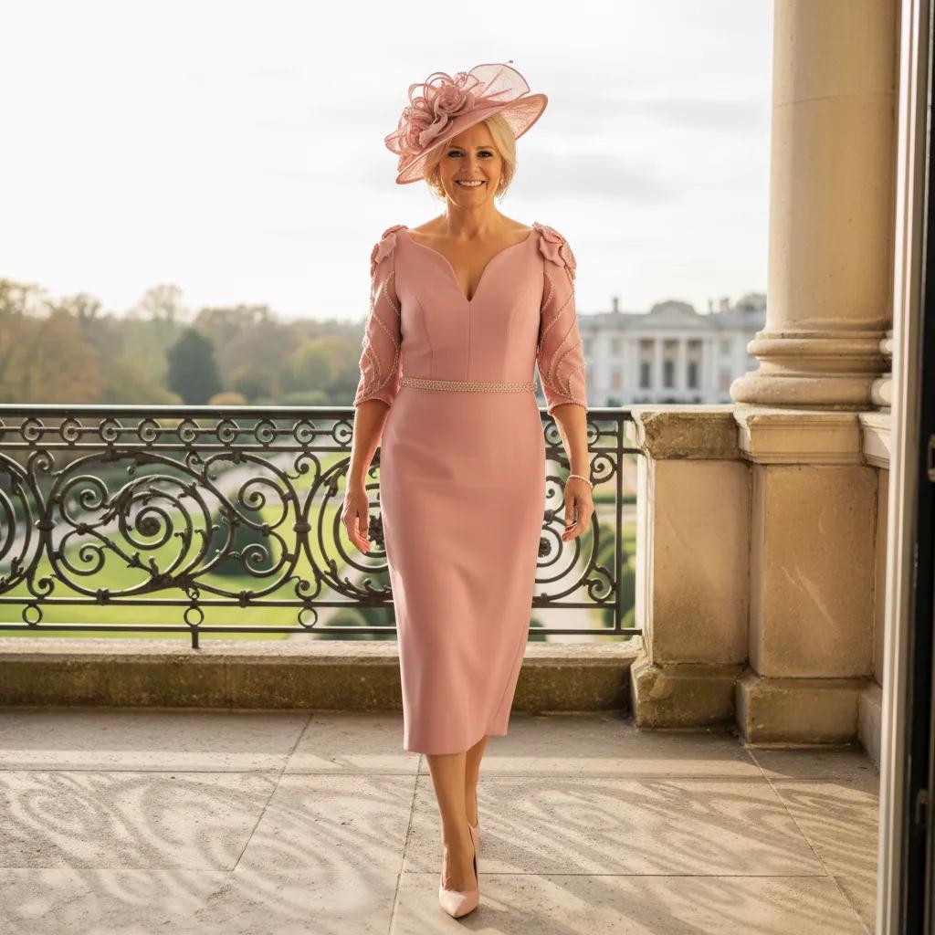 Dusty pink Mother of the Bride dress by Couture Club 8G149 with embellished three-quarter sleeves and sweetheart neckline.