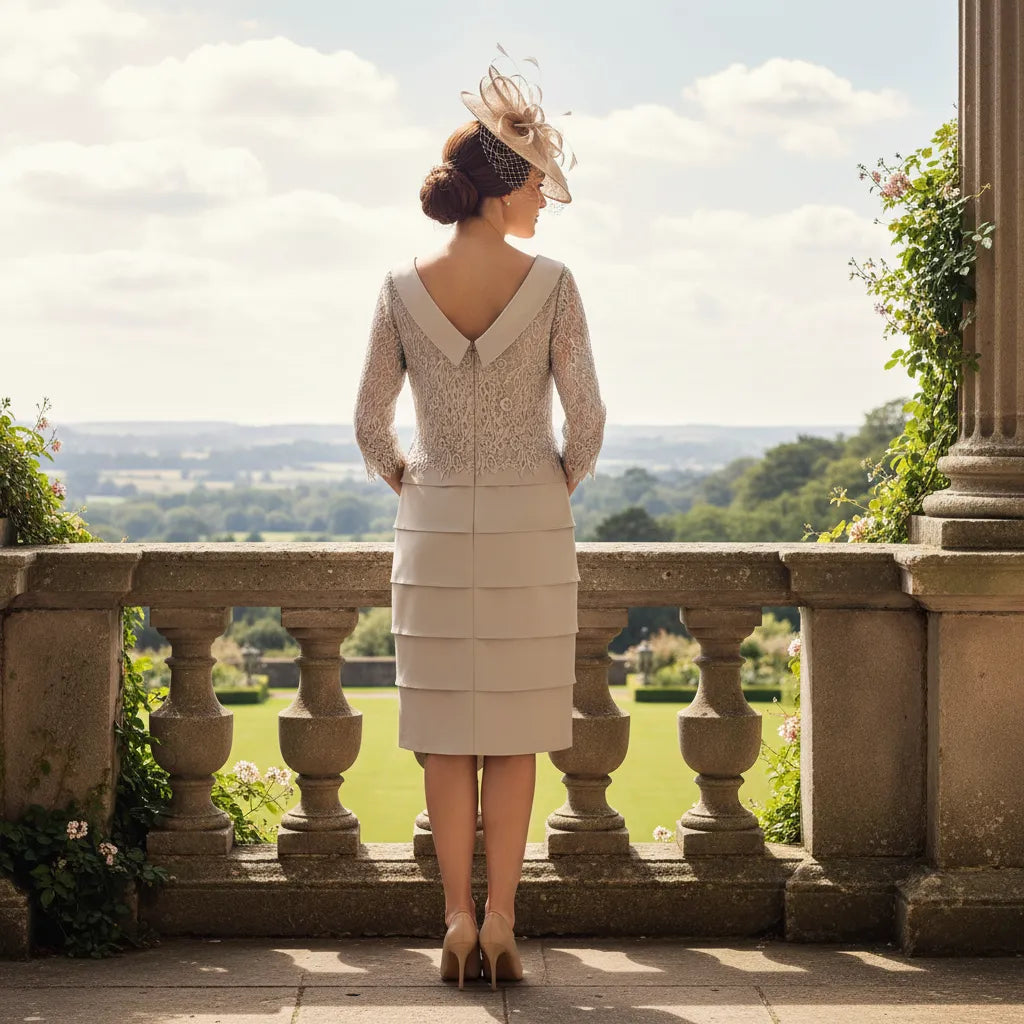 Woman in a beige mother of the bride dress with a oval taupe embellished fascinator standing on a balcony overlooking a scenic landscape.