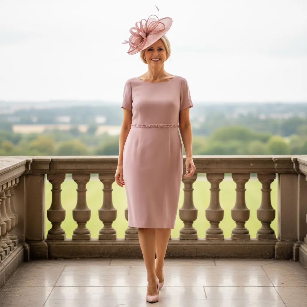 Woman in a couture club dusty pink mother of the bride outfit with a matching pink fascinator embellished  hat standing on a balcony with a scenic background