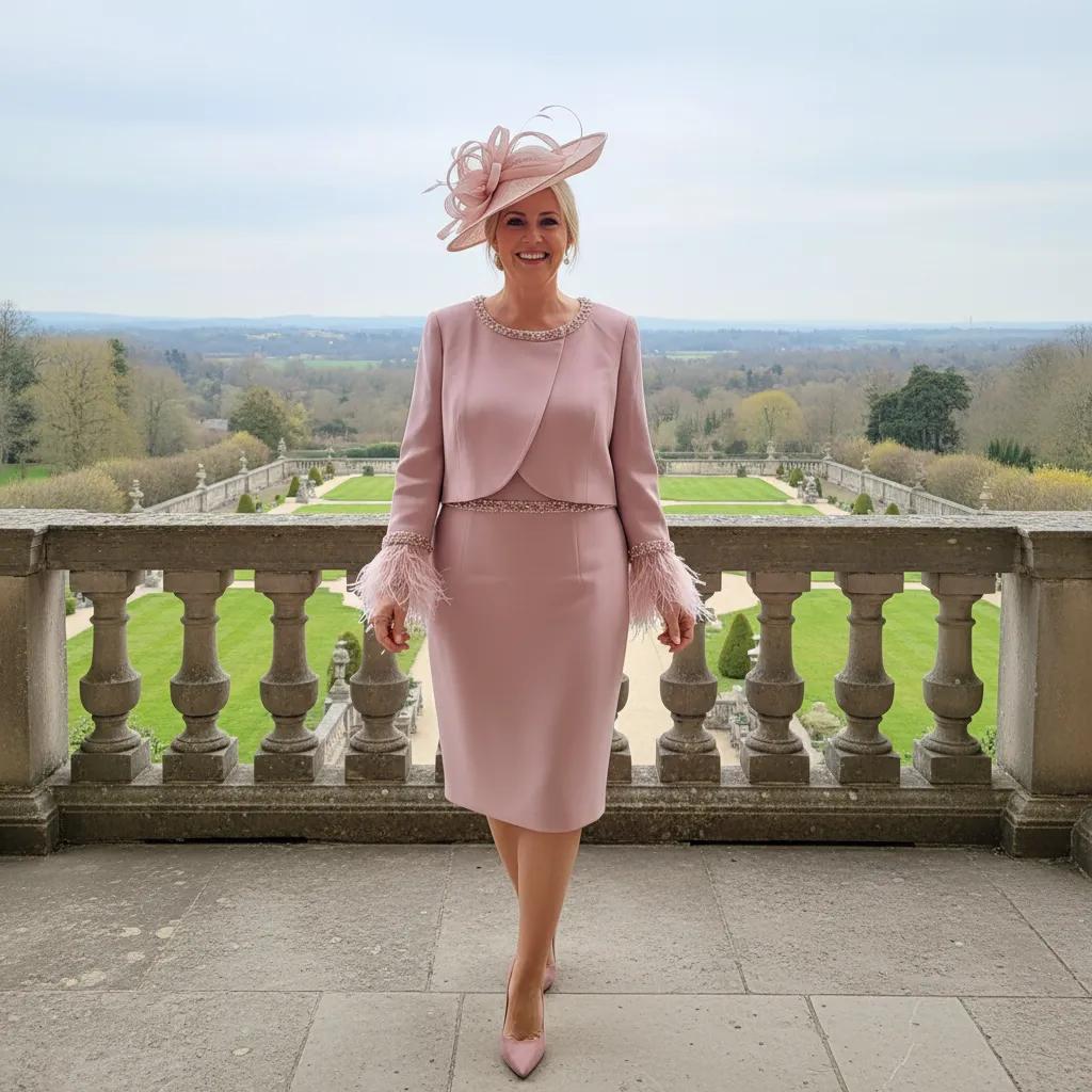 Woman in a couture club dusty pink mother of the bride outfit with a matching pink fascinator embellished hat standing on a balcony with a scenic view.